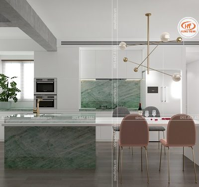 Sáng tạo độc đáo trong không gian với bàn bếp và bàn đảo tông xanh