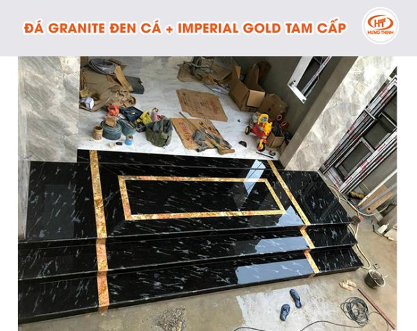 Mẫu tam cấp kết hợp đá Granite đen cá và Imperial Gold