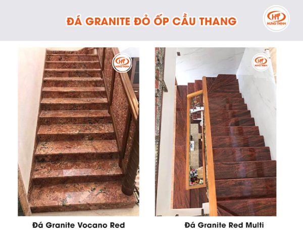 Mẫu đá hoa cương đỏ ốp cầu thang 