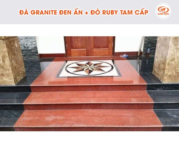 Tam cấp ốp đá Granite đen ấn + đỏ Ruby