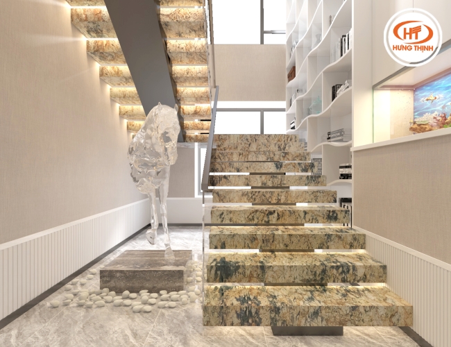 Các loại đá hoa cương với độ chịu lực sao, chống mài mòn và trầy xước tốt là lựa chọn tuyệt vời để ốp cầu thang