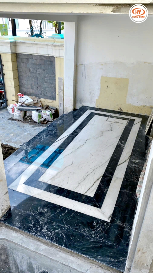 Sảnh đá Granite Olivia Green kết hợp đá Thạch Anh