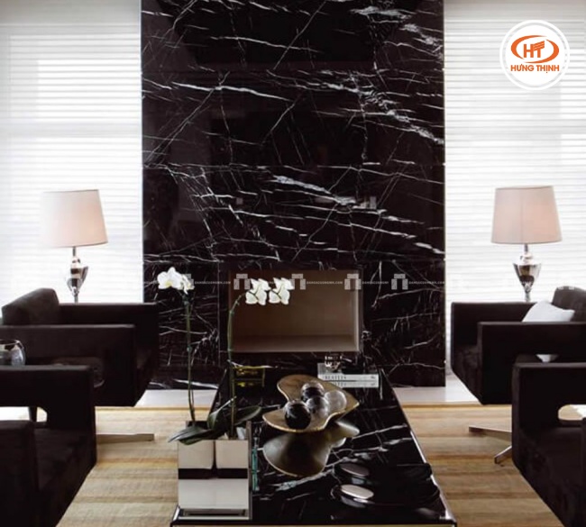 Đá Marble đen chỉ trắng ốp vách tường phòng khách
