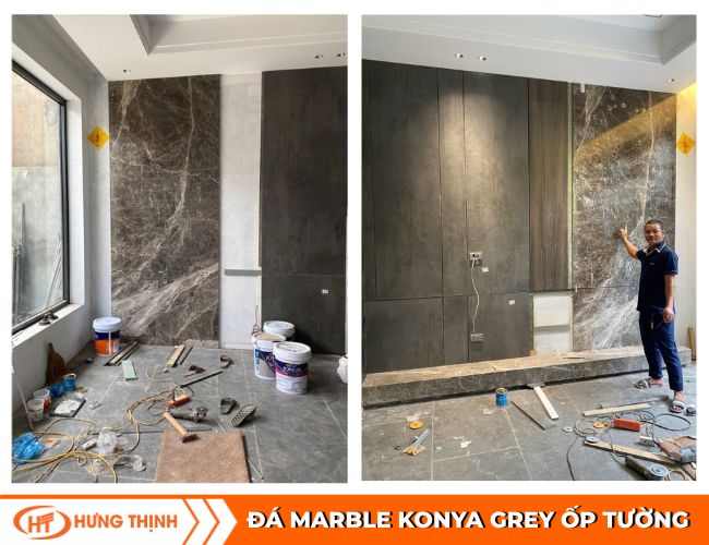 Hình ảnh thi công đá Konya Grey ốp tường