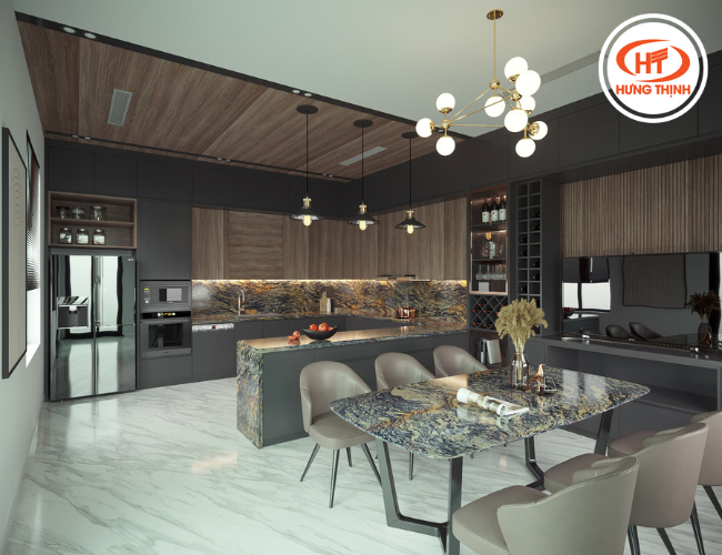 Khu vực bếp và bàn ăn ốp đá hoa cương Titanius sang trọng