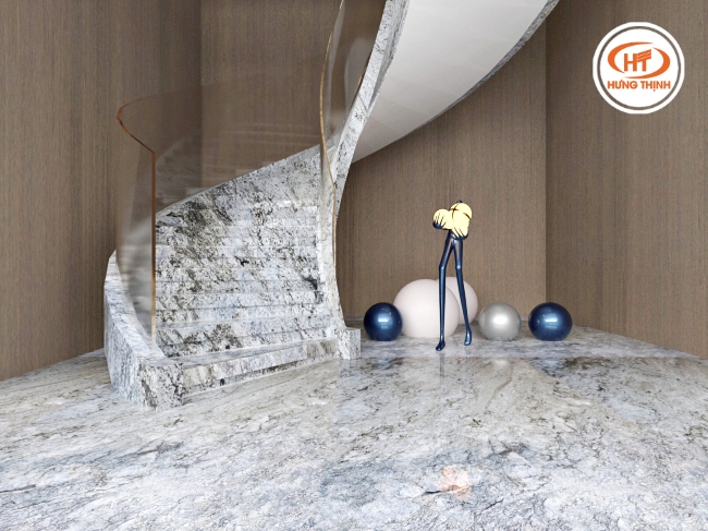 Tông xoẹt tông với đá Granite Blue Dunes lát sàn và cầu thang