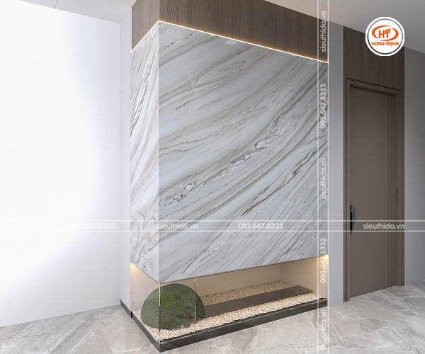 Đá Bruno White vân gỗ kết hợp với nội thất màu nâu 