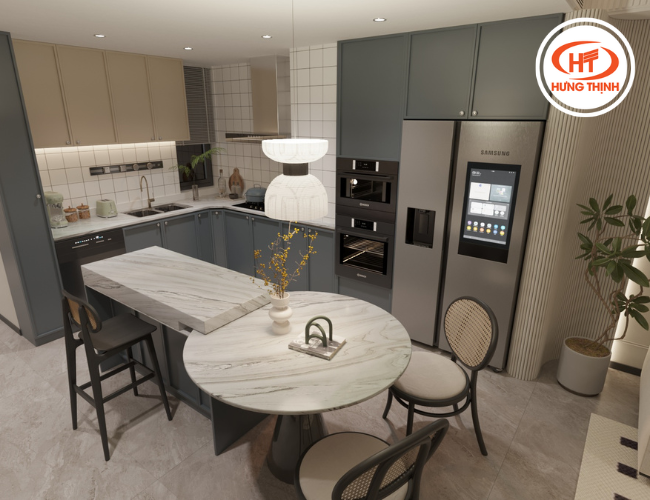 Bàn ăn bằng đá Bruno White kết hợp nội thất đơn giản hiện đại 