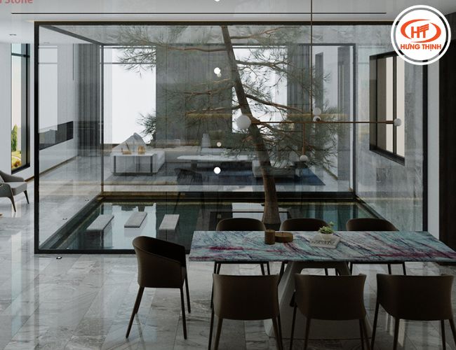 Nhiều gia chủ lựa chọn đá Thạch anh Blue Velvet cho không gian bếp. 