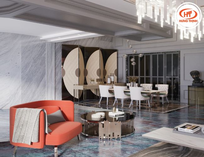 Đá Thạch anh Blue Velvet phối với nội thất tone sáng. 