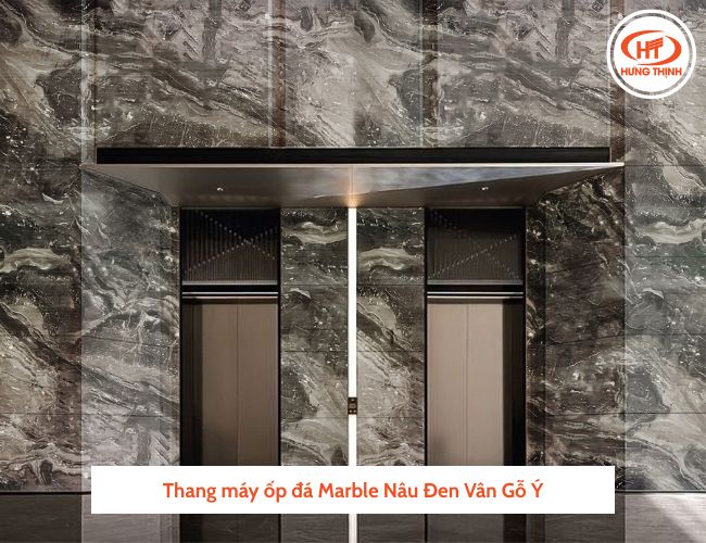 Đá Marble Vân Gỗ Ý Nâu Đen ốp cửa thang máy sang trọng.