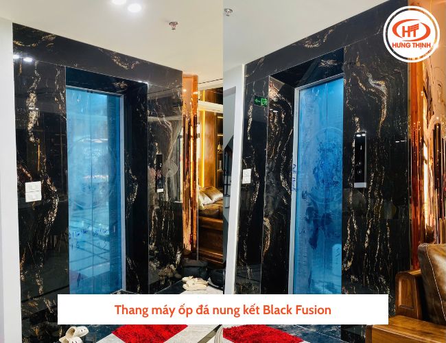 Công trình thang máy ốp đá nung kết Black Fusion.
