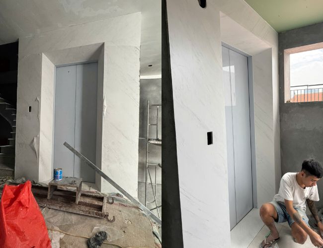 Đá ốp thang máy màu trắng được nhiều gia chủ lựa chọn.