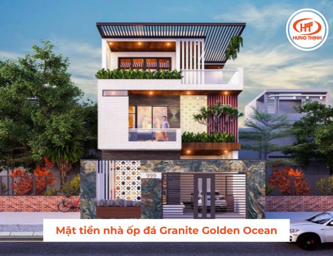 Mặt tiền nhà ống ốp đá hoa cương Golden Ocean đẹp mắt.