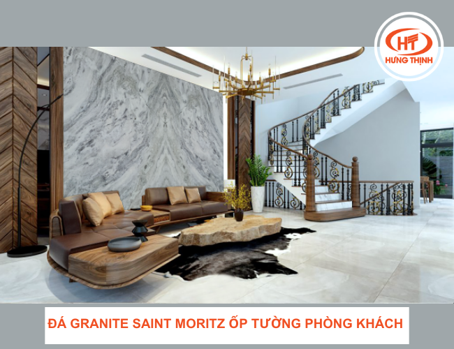 Đá ốp tường phòng khách Granite Saint Moritz giúp thu hút tài lộc, may mắn
