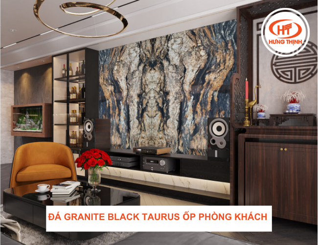 Tranh đá hoa cương Black Taurus kết hợp nội thất gỗ