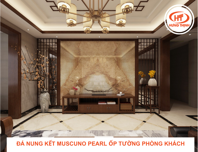 Đá nung kết Muscuno Pearl làm tranh đá trang trí phòng khách