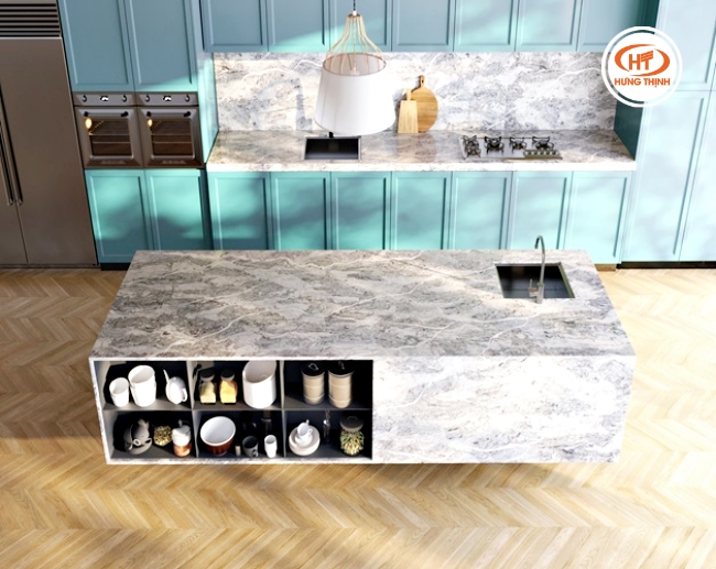 Đá bếp Vicostone BQ7701 thể hiện sự sáng tạo và mới mẻ trong phong cách. 