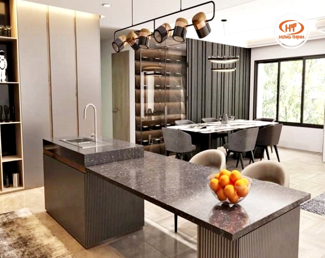 Bàn đảo đá BQ8614 trong thiết kế nhà hiện đại. 