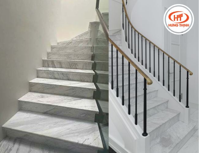Bề mặt nhẵn bóng, đá Marble trắng tạo nên vẻ đẹp tinh tế cho khu vực cầu thang