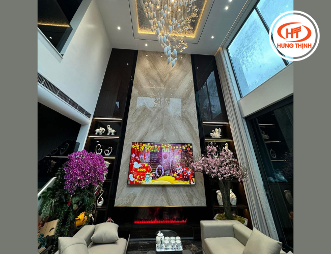 Đá Marble vân gỗ chéo lên hạng mục thực tế 
