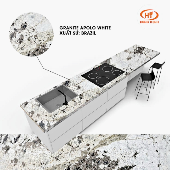 Mẫu đá bếp trắng Granite Apolo White nổi bật với họa tiết xám nâu trên mặt đá trắng.