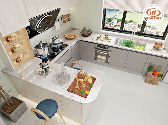Vân đá hoa cương cầu kỳ nhưng vẫn giữ được sự thanh lịch nhờ tông trắng giản dị.