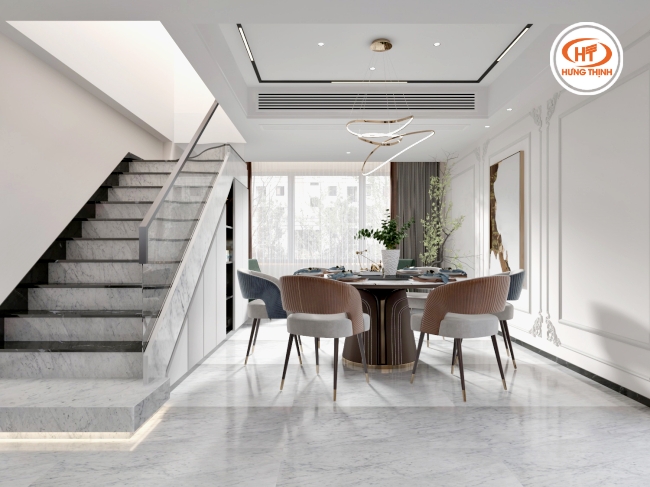 Đá Marble trắng Ý ốp sàn kết hợp cầu thang tạo sự đồng nhất