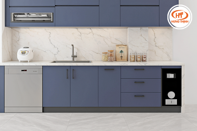 Mẫu đá Quartz Calacata Lux khi ứng dụng thực tế hạng mục bàn bếp.