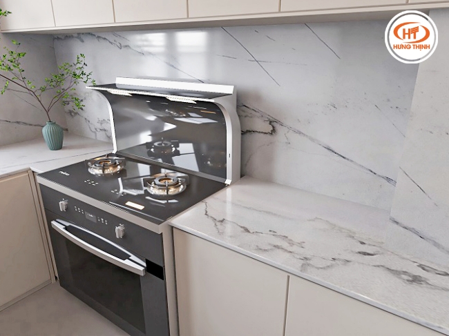 Đá bếp trắng Thạch Anh Casablanca là sự kết hợp của các đường vân chéo, vân mây ngẫu nhiên trên bề mặt.