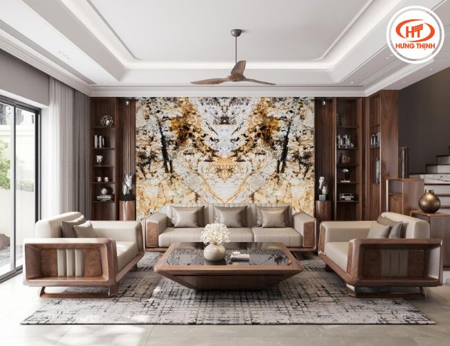 Mẫu tranh đá Granite Royal Gold đối vân treo phòng khách thể hiện sự quyền quý. 
