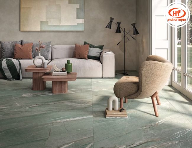 Không gian tối giản kết hợp sàn nhà ốp đá Thạch anh xanh mang lại sự hài hòa.