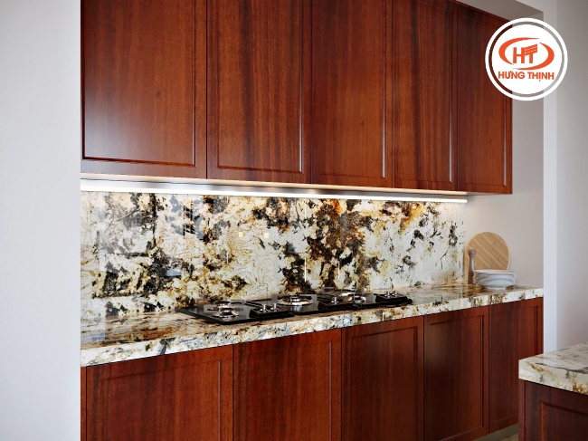 Đá hoa cương Vàng Bạch Dương giúp làm nổi bật không gian bếp với màu sắc đẹp mắt