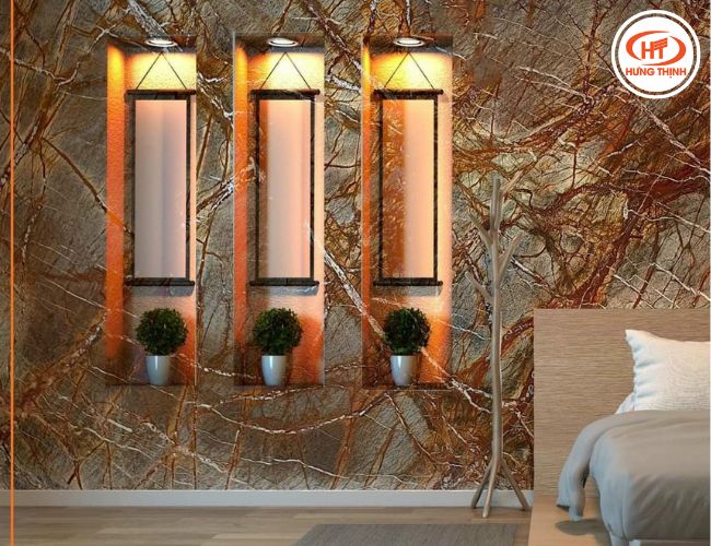 Đá Forest Marble có thể ứng dụng ốp tường phòng ngủ, vách ti vi, tranh thông tầng,...