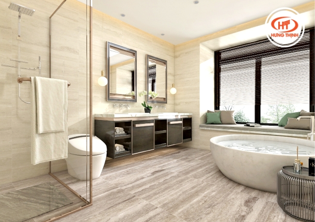 Tường phóng tắm ốp full đá cẩm thạch vân gỗ