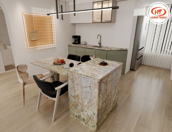 Bàn bếp và bàn đảo đều được ốp đá Granite Amazonia.