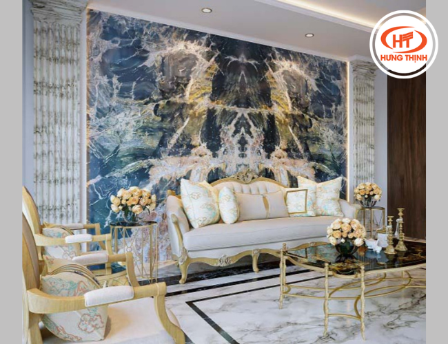 Phòng khách ốp tranh đá Lava Oro trang trí