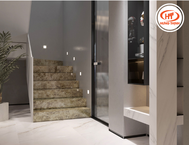 Nhà thiết kế hiện đạ sử dụng đá Marble nâu nhạt ốp cầu thang