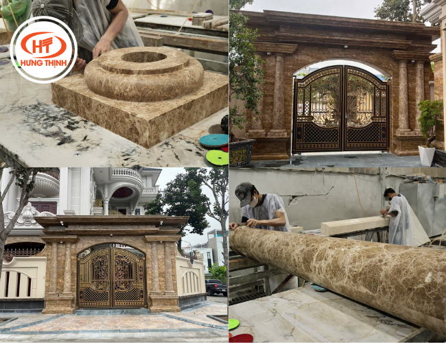Trụ cột ốp đá Marble nâu nhạt được thi công và gia công chuyên nghiệp 