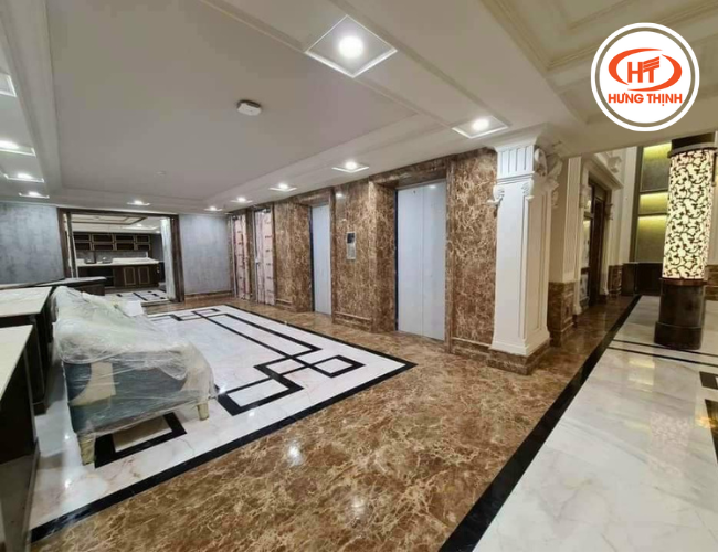 Công trình thực tế ốp đá Marble Nâu Nhạt cho sàn và thang máy