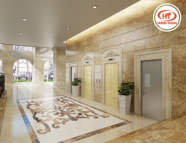 Không gian sảnh và thang máy trở nên đẳng cấp khi ốp đá Marble Light Emperador