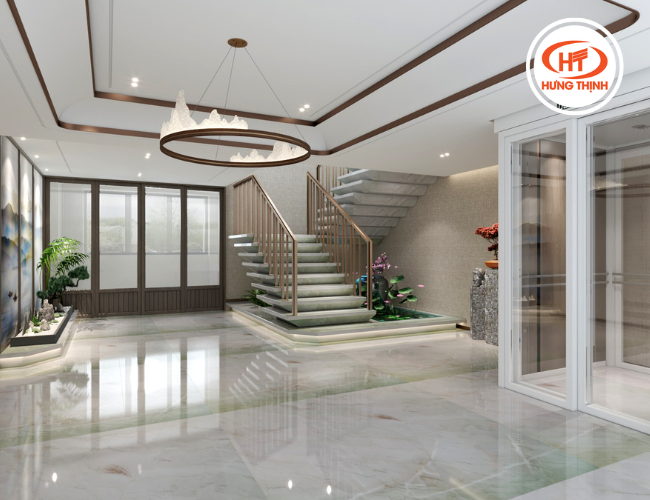 Sàn nhà màu be kết hợp với nội thất kính giúp sáng sủa không gian 