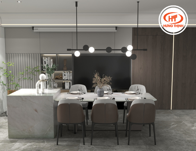 Đá Quartz White Taj ốp bàn ăn tạo không gian nhẹ nhàng, ấp áp 