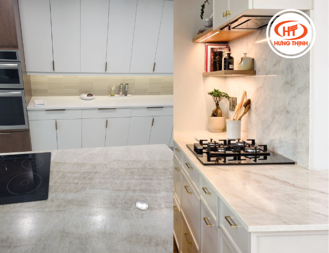 Mặt bếp ốp đá tự nhiên White Taj nhẹ nhàng tinh tế 