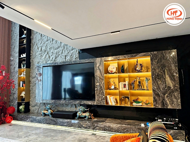 Đá Marble ốp tường vách ti vi vân gỗ Ý nâu đen phong cách hiện đại