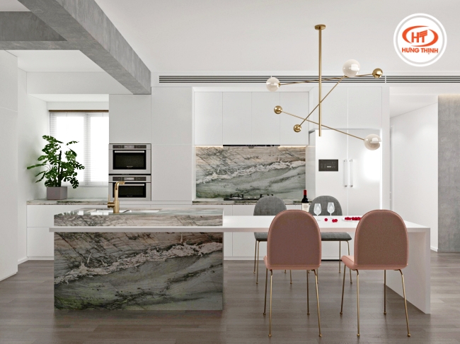 Với độ bền và vẻ đẹp sang trọng nên đá Thạch Anh xanh được ưa chuộng ốp bếp 