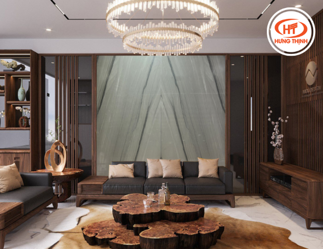 Tranh đá đối vân màu xám ốp phòng khách