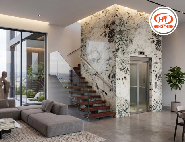 Màu sắc tinh tế của đá Granite Champagane Gold giúp không gian tháng máy trở lên thu hút