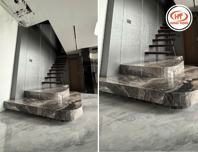 Bục đỡ cầu thang ốp đá Marble Nâu Đen Vân gỗ Ý. 