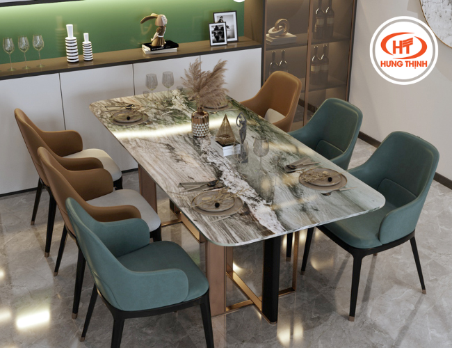 Bàn ăn hiện đại làm từ Đá Thạch Anh Angel Wings vân mây xanh xám cao cấp